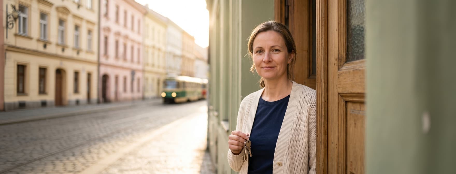 Mladá žena s klíčem od bytu v Plzni
